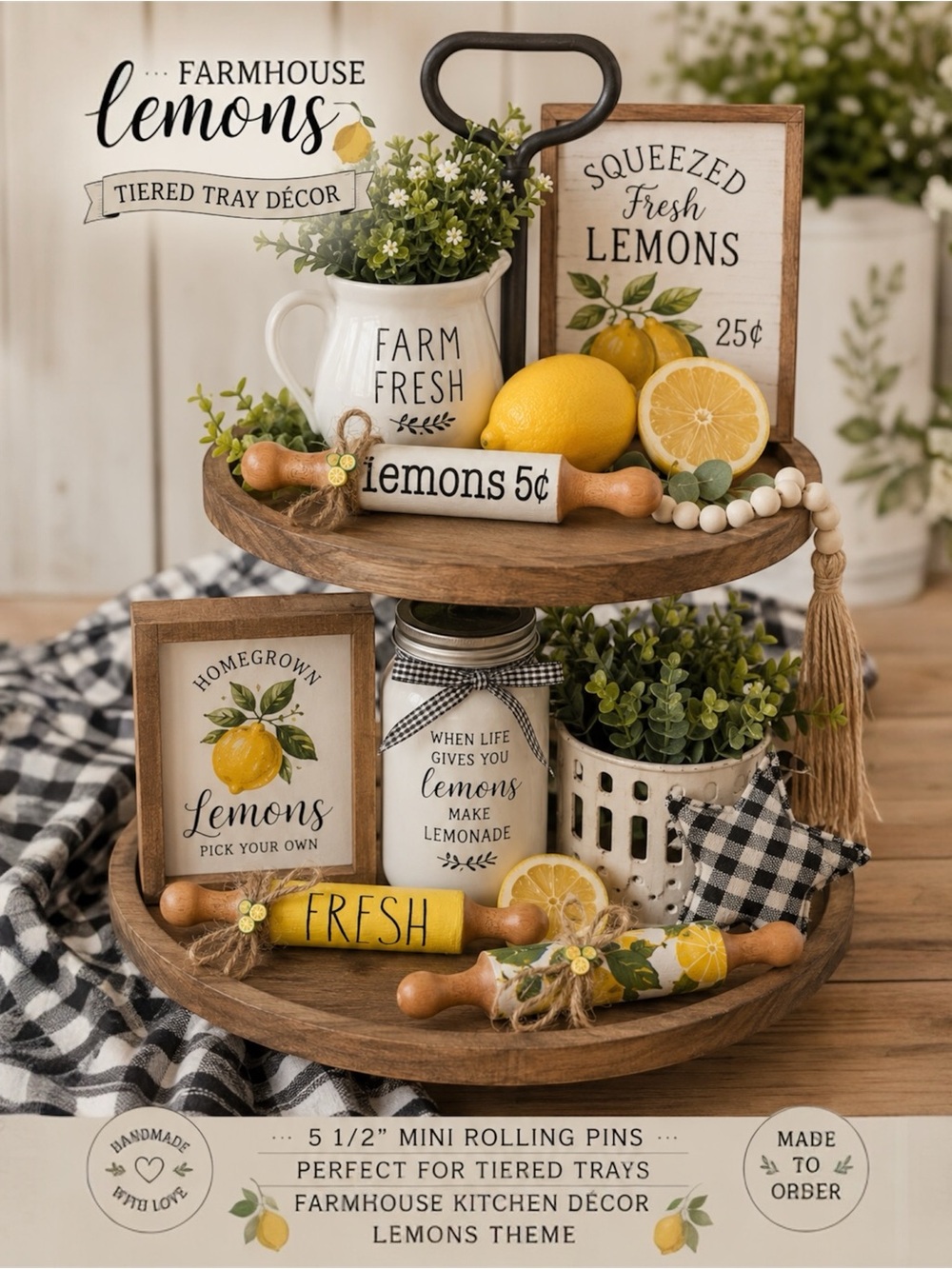 Farmhouse Lemons Tiered Tray Decor | Mini Rolling Pins | Rustic Kitchen Decor 🍋